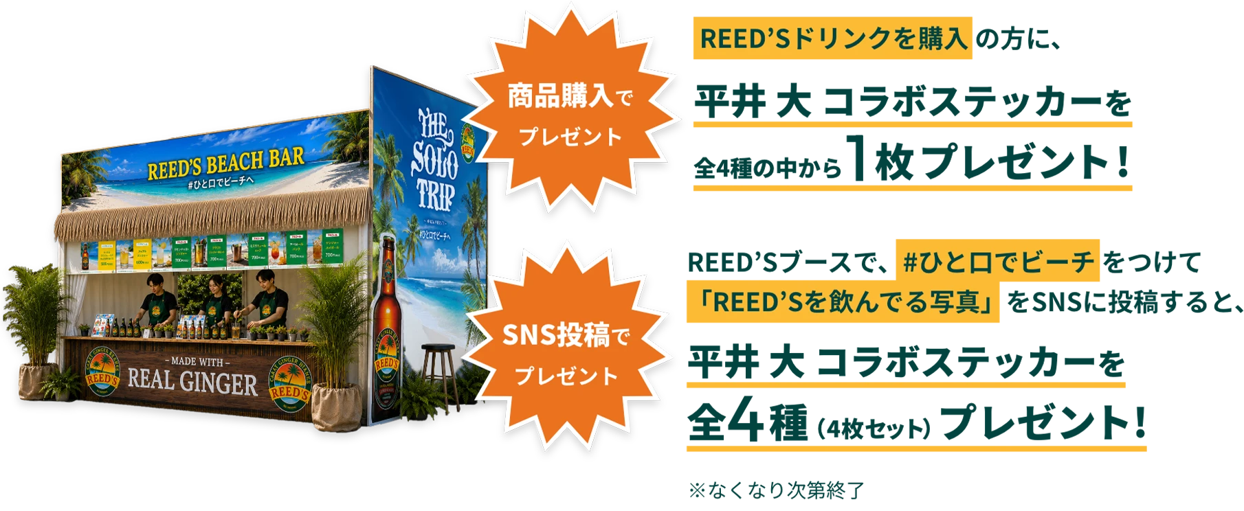 BEACH BARのビジュアルと、ドリンク購入でコラボステッカー進呈などのキャンペーン内容の案内